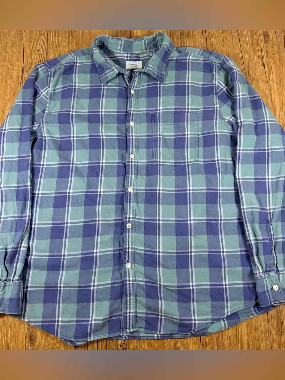 American Eagle Mens XL Super Soft Plaid Flannel Blue Green 100% Cotton